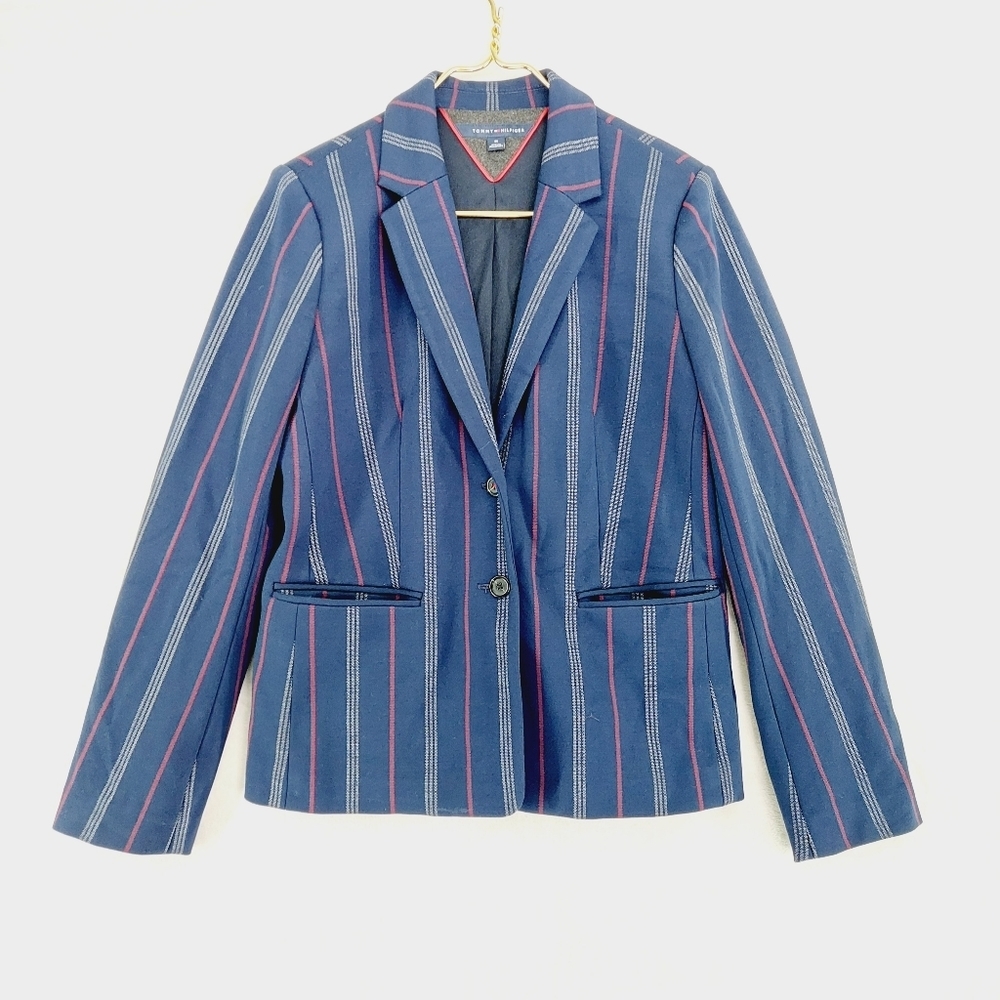 Tommy Hilfiger Blue With Red White Stripes Button Business Casual Blazer P6546